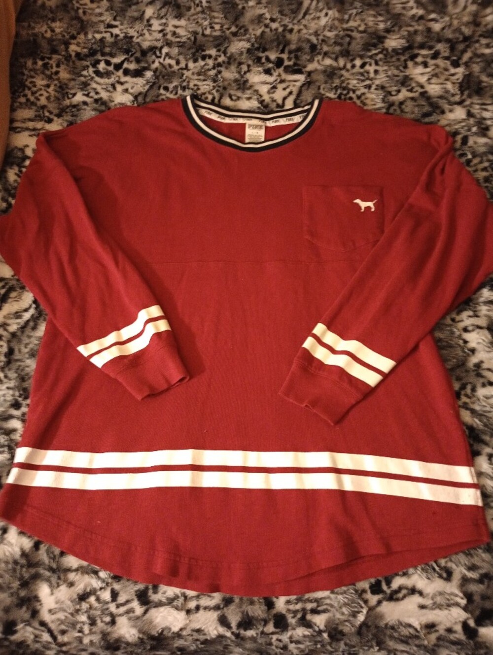 PINK Victoria's Secret Burgundy Crewneck Sweater with White Stripe Accents